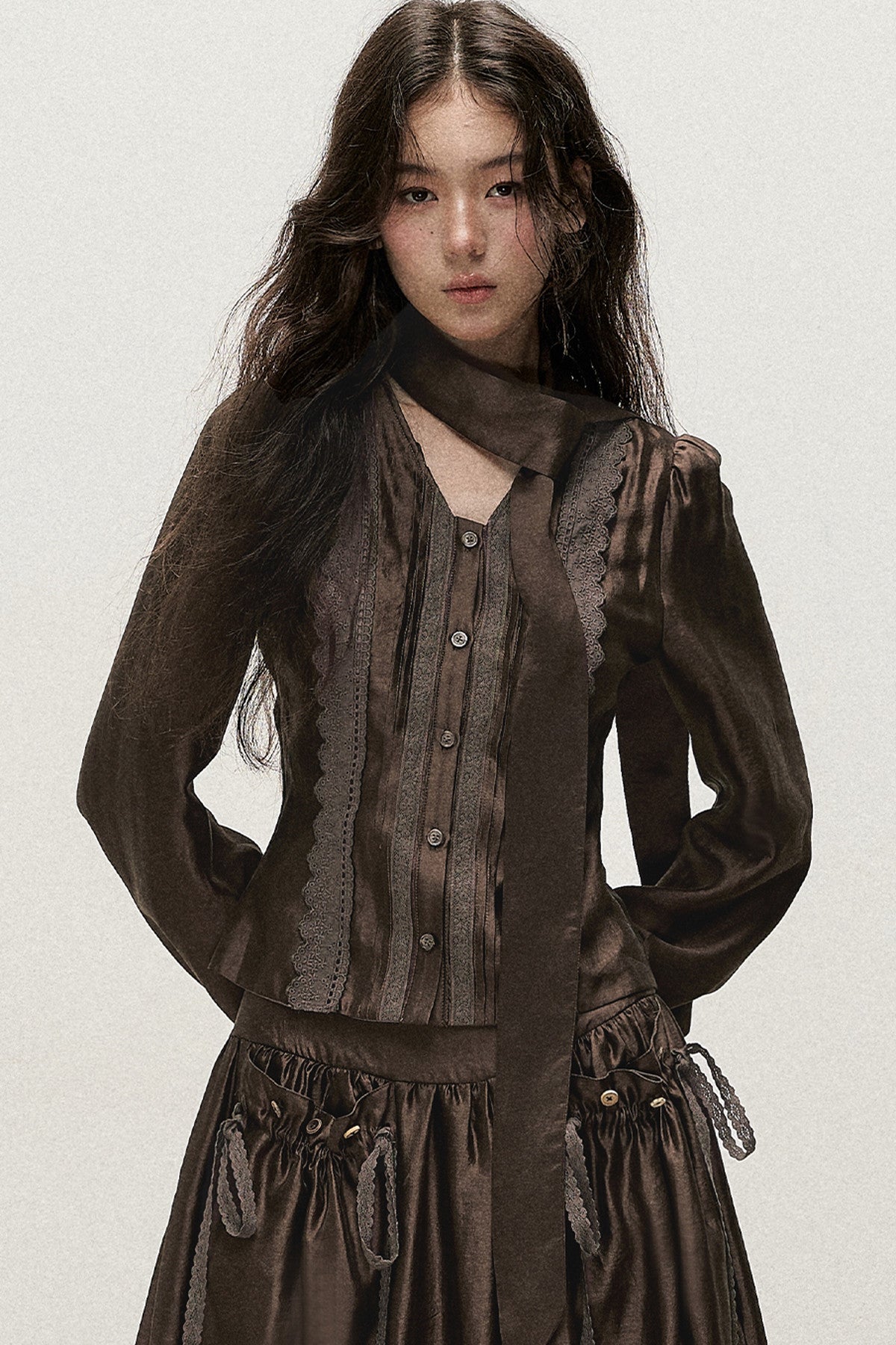 Lyocell V-Neck Shirt and Skirt Set-Up
