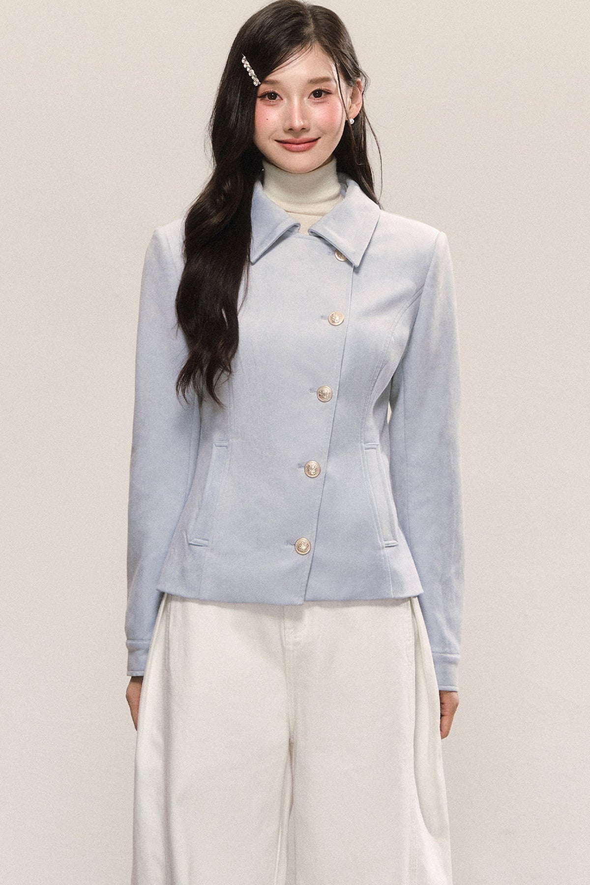 Blue Asymmetric Collar Tops