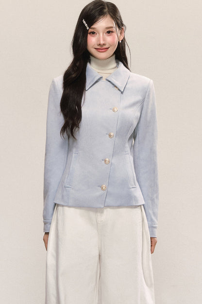 Blue Asymmetric Collar Tops