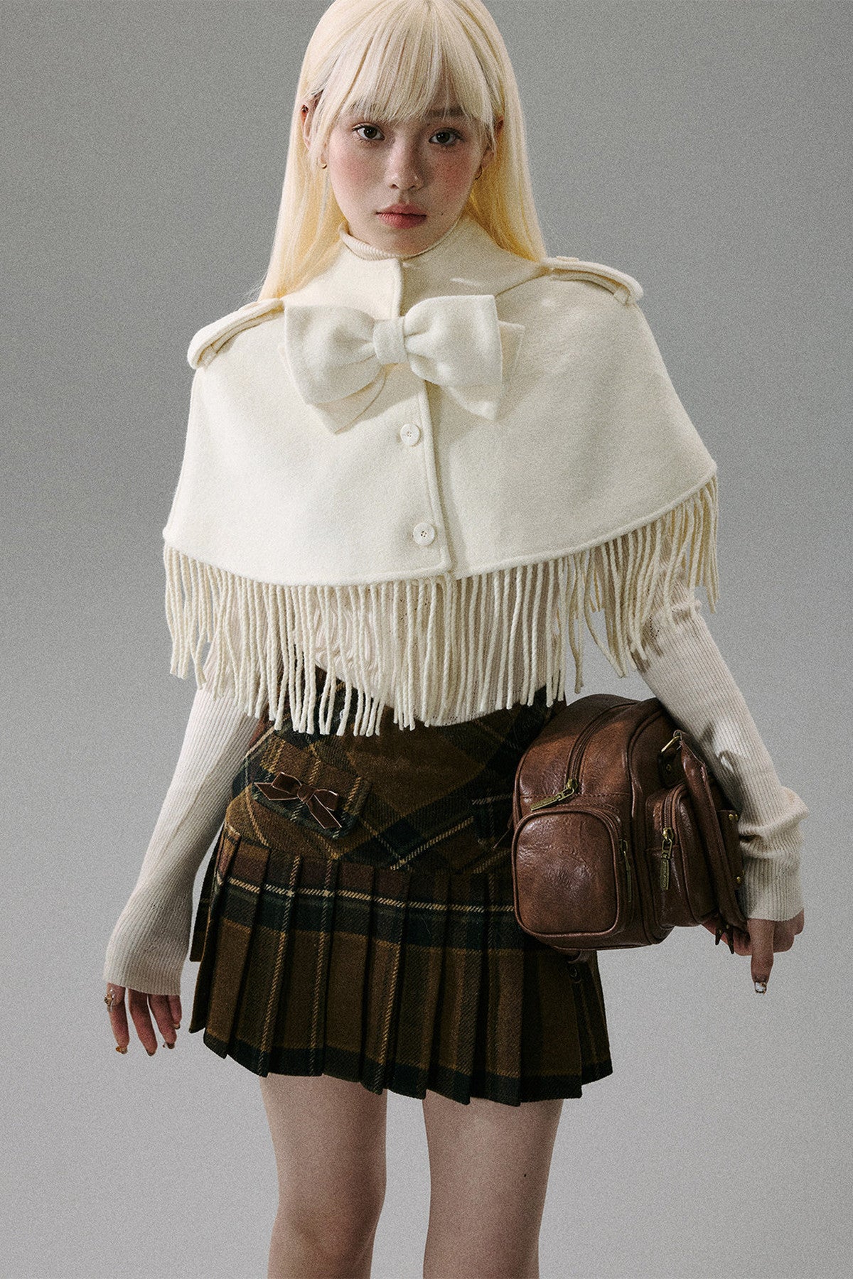 Wool Plaid Pleated Half Skirt