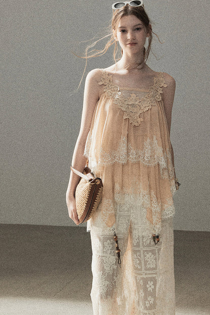Translucent Lace Wide-Leg Pants