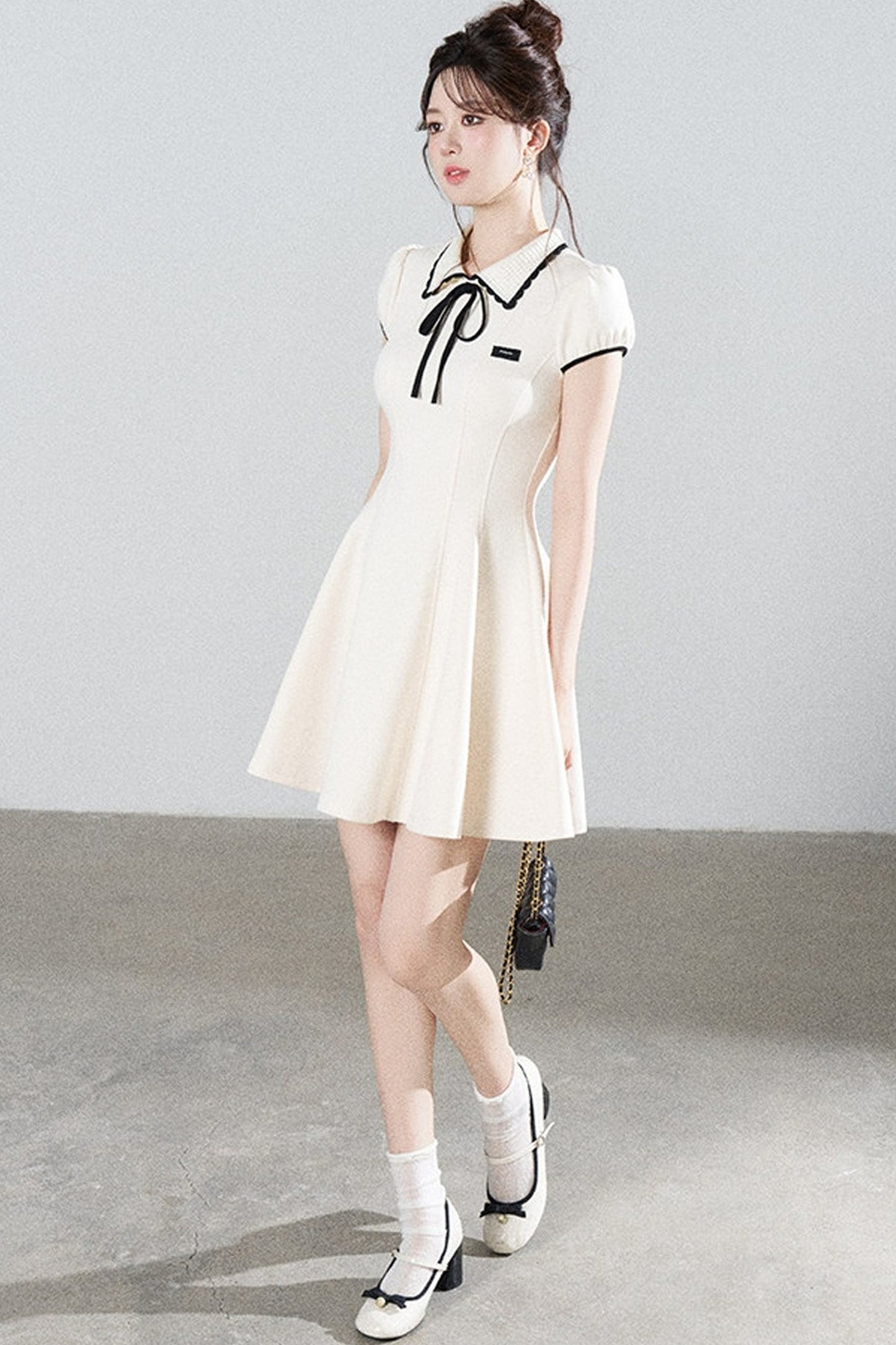French Style Puff Sleeve Cinched Waist Dress