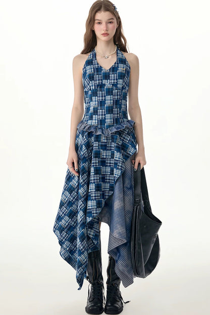Blau kariertes asymmetrisches Neckholder-Kleid ohne Ärmel