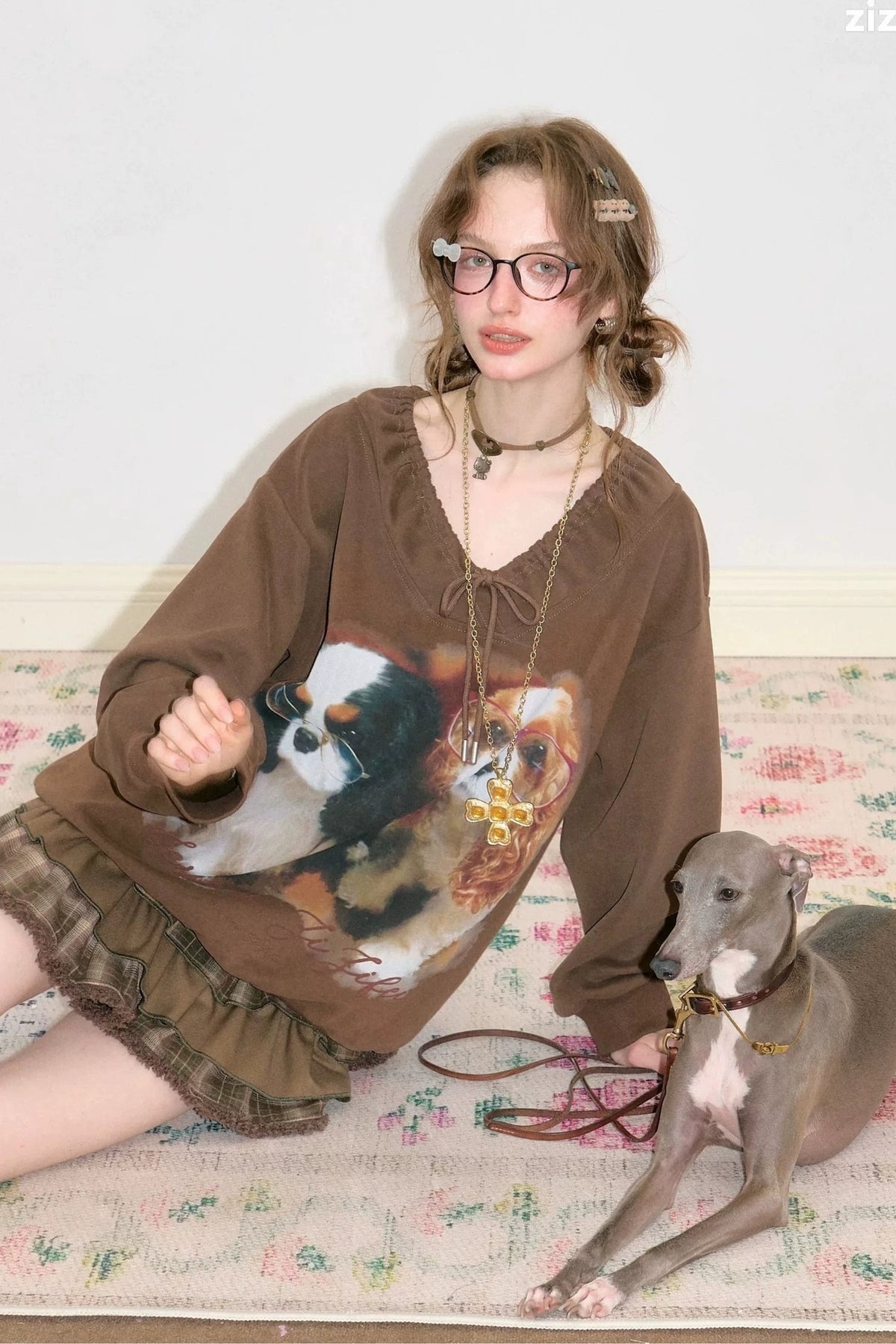 Brown Dog Print Lace V-Neck Sweatshirt