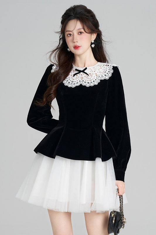 Black Velvet Lace Mesh Dress