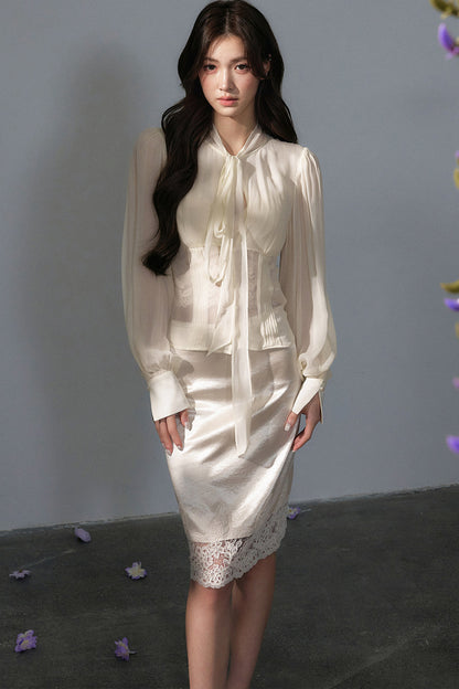 Tencel Long Sleeve Chiffon Cardigan and Skirt Set-Up