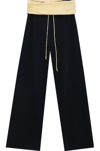 Color-Blocked Waistband Drawstring Wide-Leg Pants