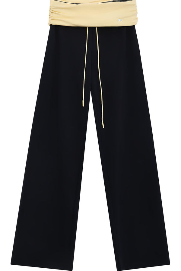 Color-Blocked Waistband Drawstring Wide-Leg Pants