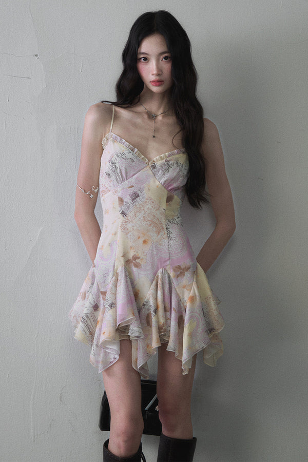 Asymmetrical Floral Print Suspender Dress