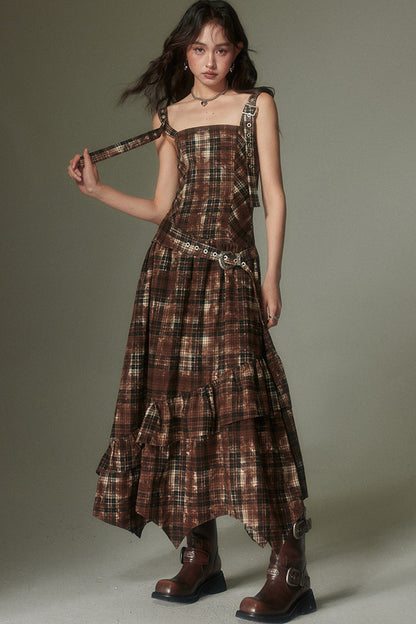 Retro Plaid Adjustable Dress