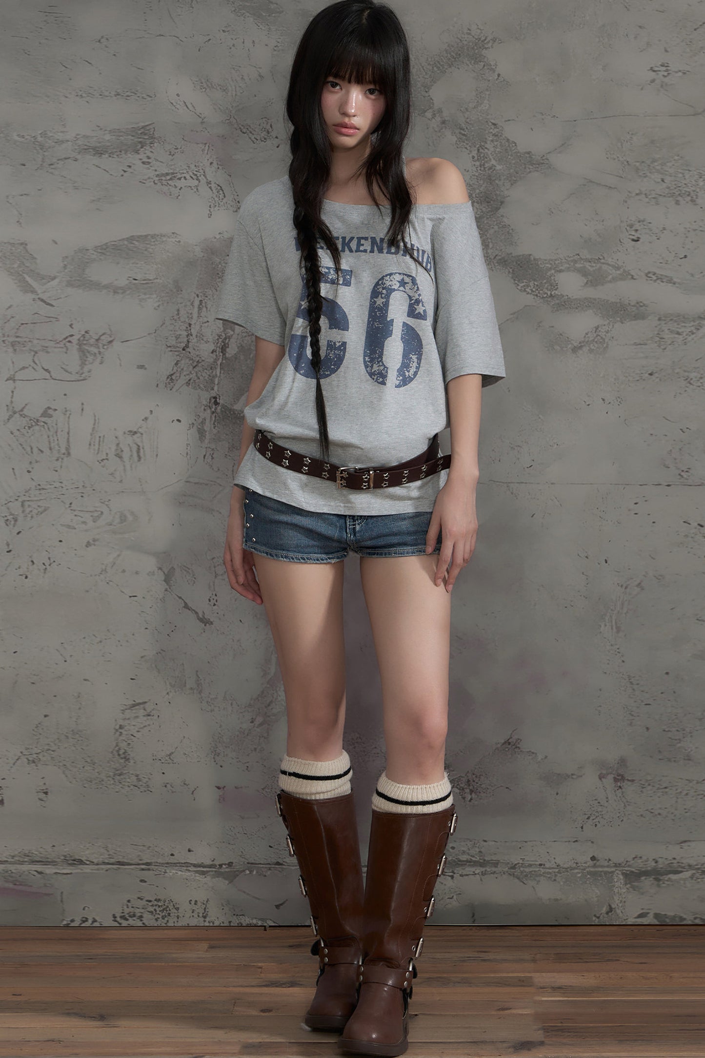Slanted Shoulder Off-Shoulder T-Shirt Top and Pants Set-Up