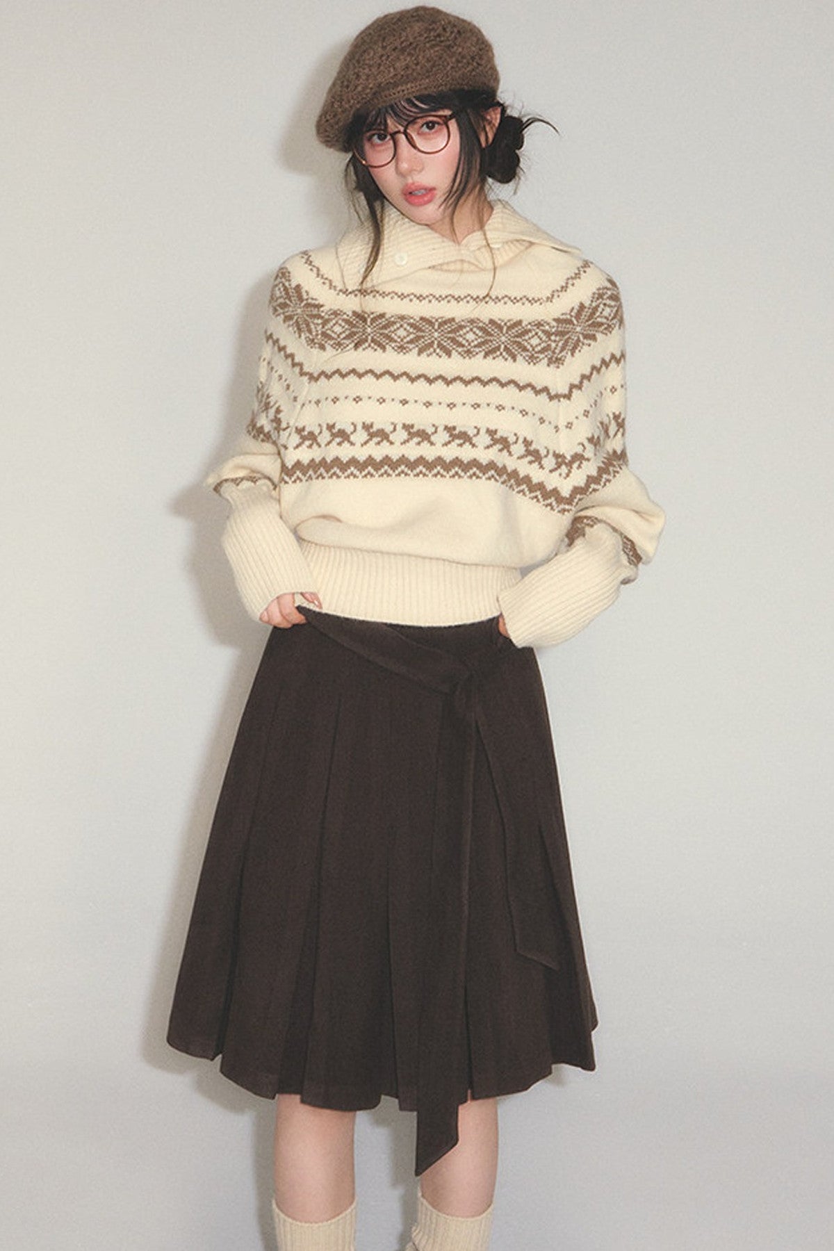 High-Waisted Woolen A-Line Umbrella Skirt
