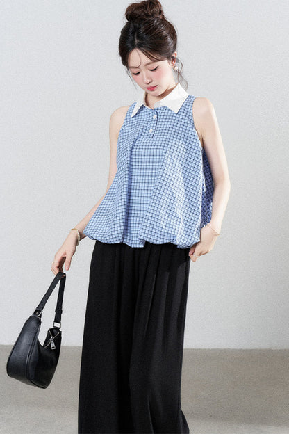 Blaue karierte Halter-Bluse