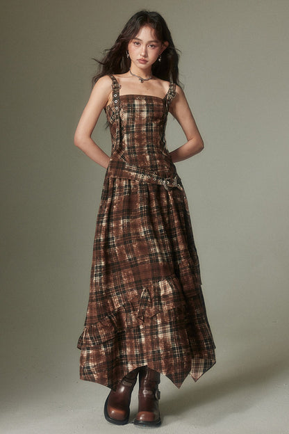 Retro Plaid Adjustable Dress