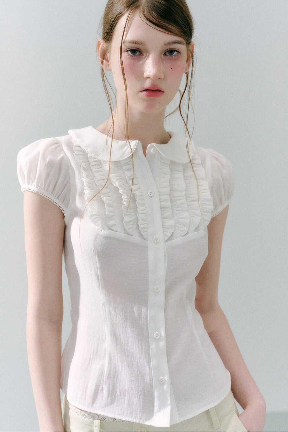 White Acetate Linen Ruffle Blouse