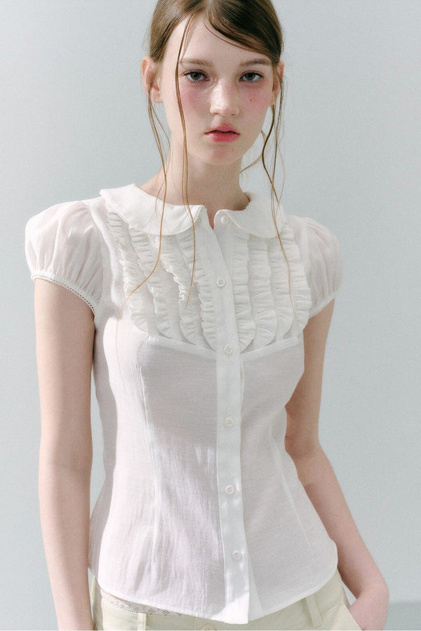 White Acetate Linen Ruffle Blouse