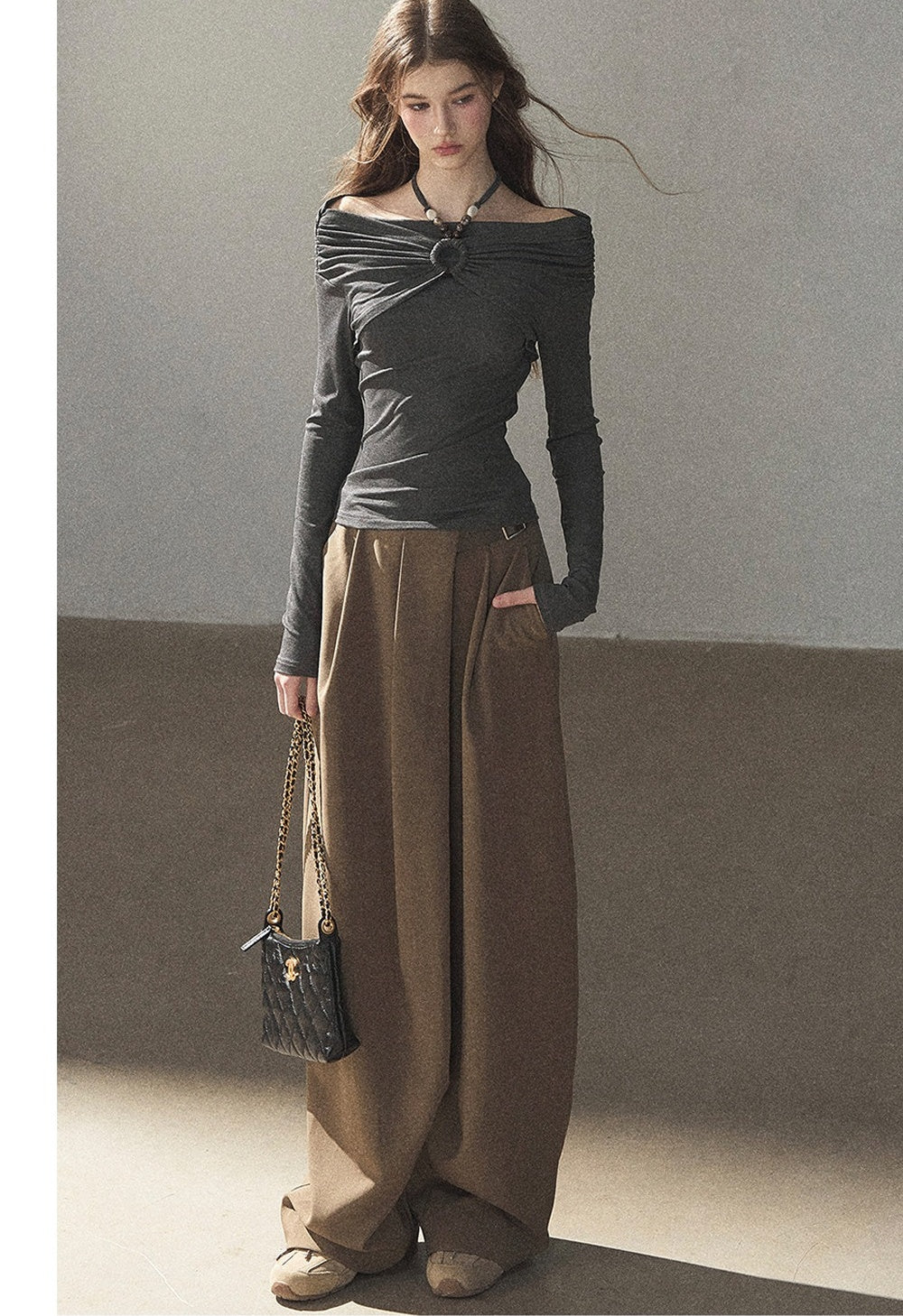 One-Shoulder Long-Sleeve Halter Blouse