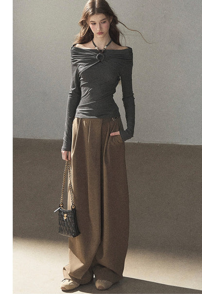 One-Shoulder Long-Sleeve Halter Blouse