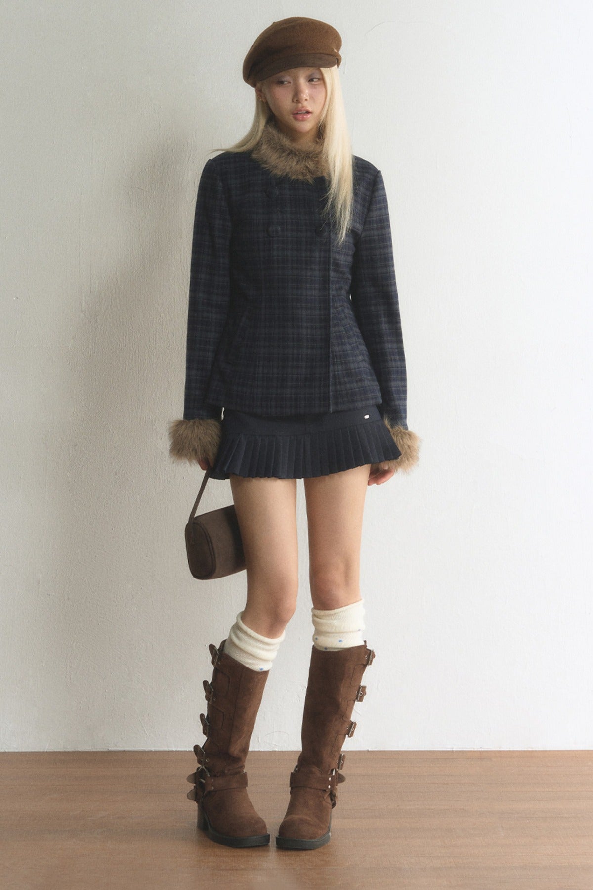 Plaid Woolen Jacket and Skirt Set-Up