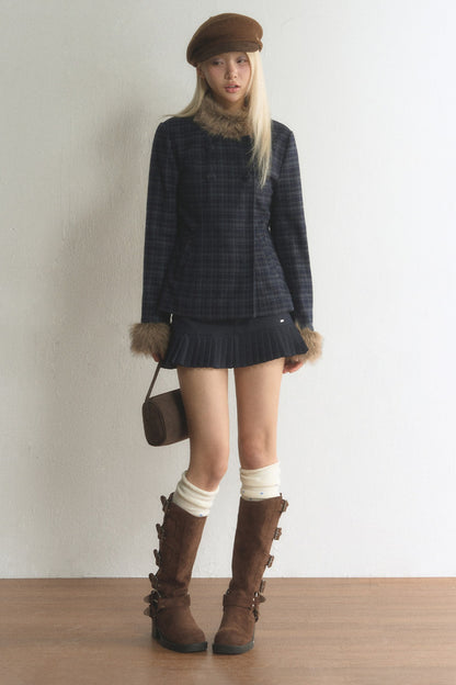 Plaid Woolen Jacket and Skirt Set-Up