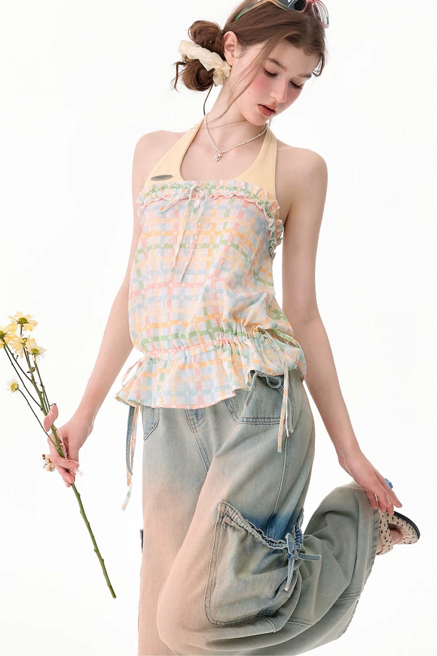 Blusa all'americana a quadri pastello