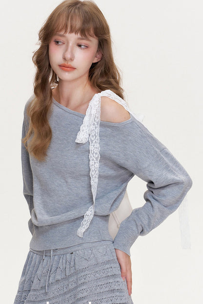 Wool Blend Off-Shoulder Lace Bow Knit Sweater and Pants Set-Up