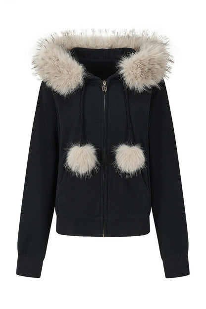 Fur Trim Hooded Sweatshirt and Sweatpants Set-Up