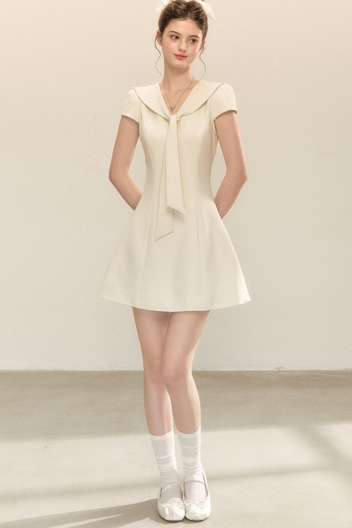 Navy Collar Short Sleeve A-Line Dress