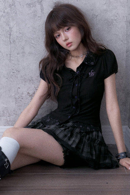Dark Angel Bear Print Lapel Puff Sleeve Top