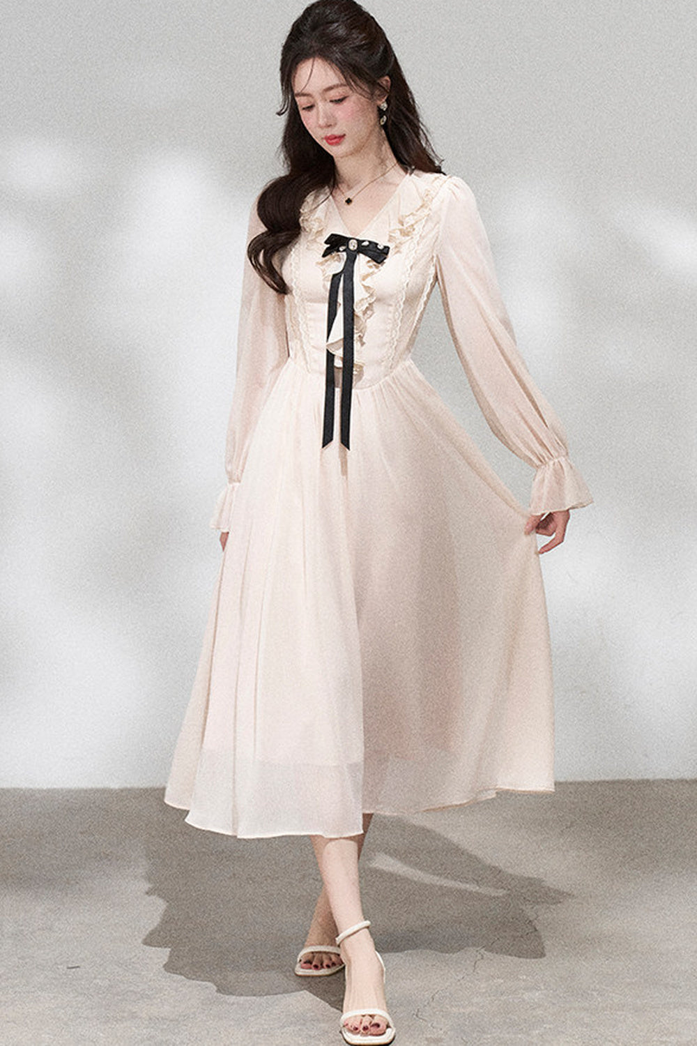 Ruffled V-Neck Long Dress