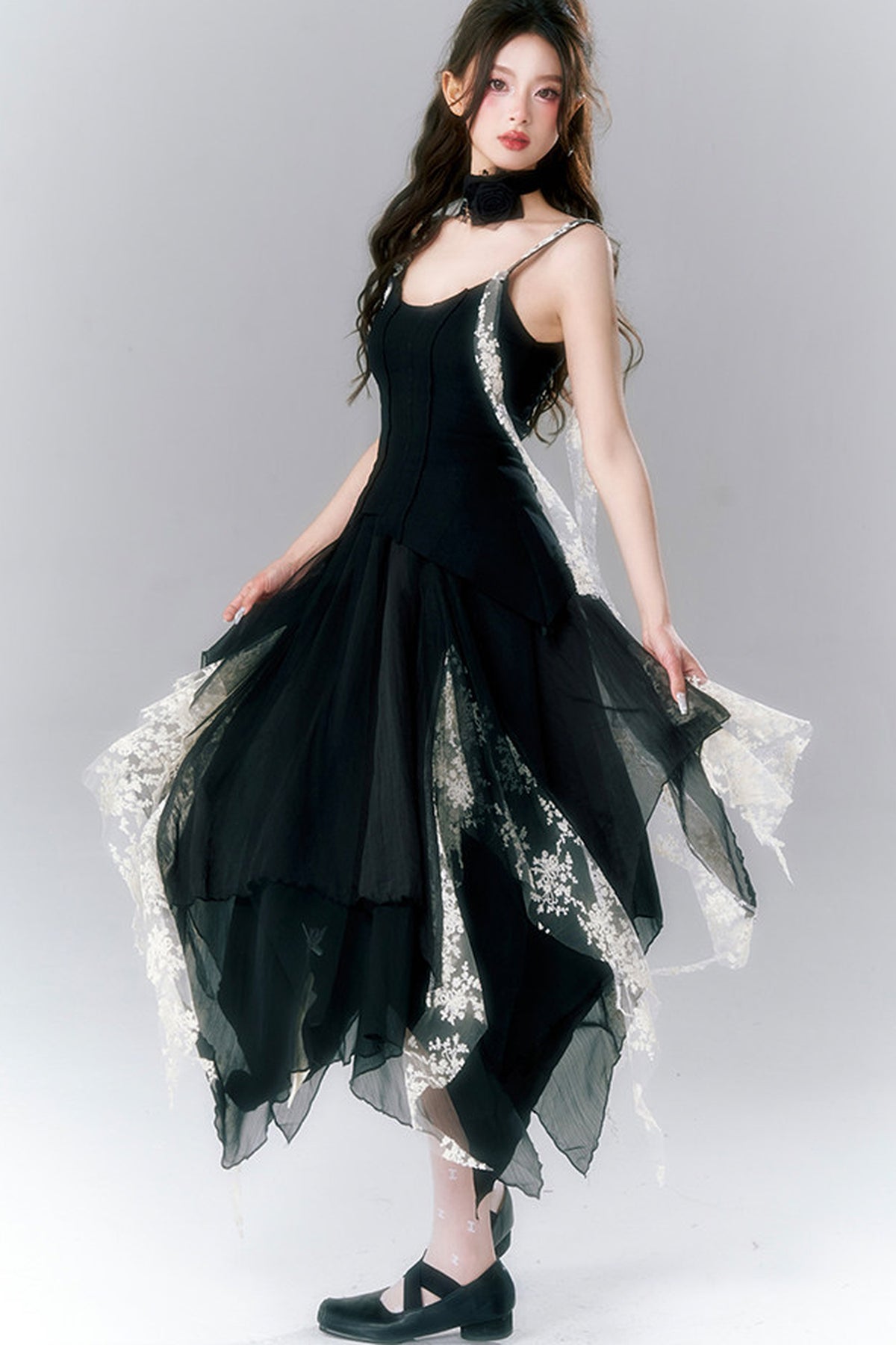 Französisches Gothic-Trägerkleid-und-Rock-Set
