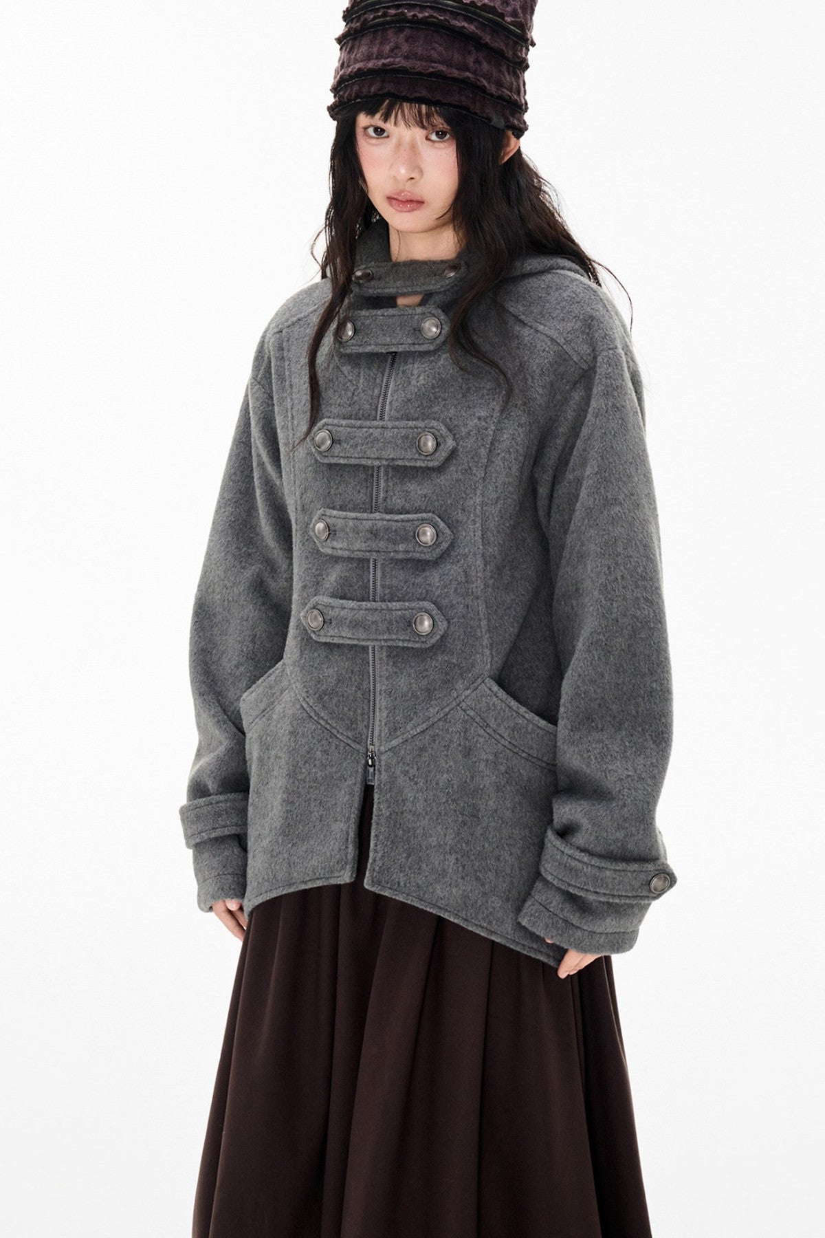 Woolen Hooded Irregular Hem Jacket