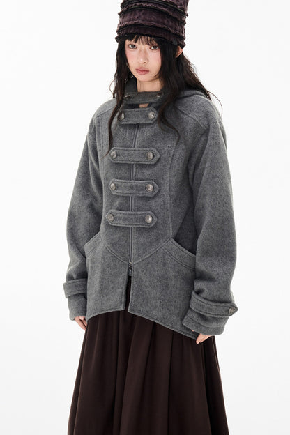 Woolen Hooded Irregular Hem Jacket