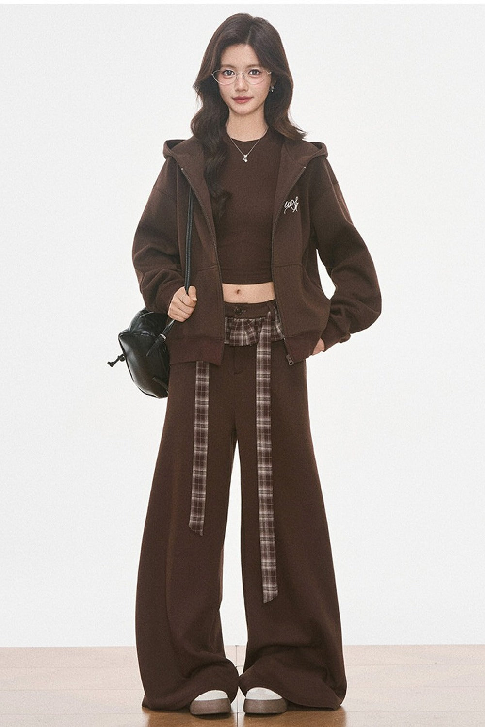 Plaid Patchwork Hooded Sweatshirt and Sweatpants Set-Up
