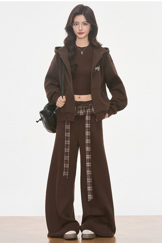 Plaid Patchwork Hooded Sweatshirt and Sweatpants Set-Up