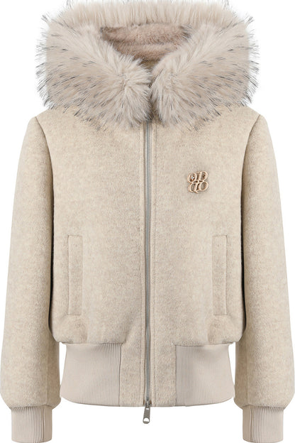 Faux Raccoon Fur Collar Hooded Sweatshirt Jacket