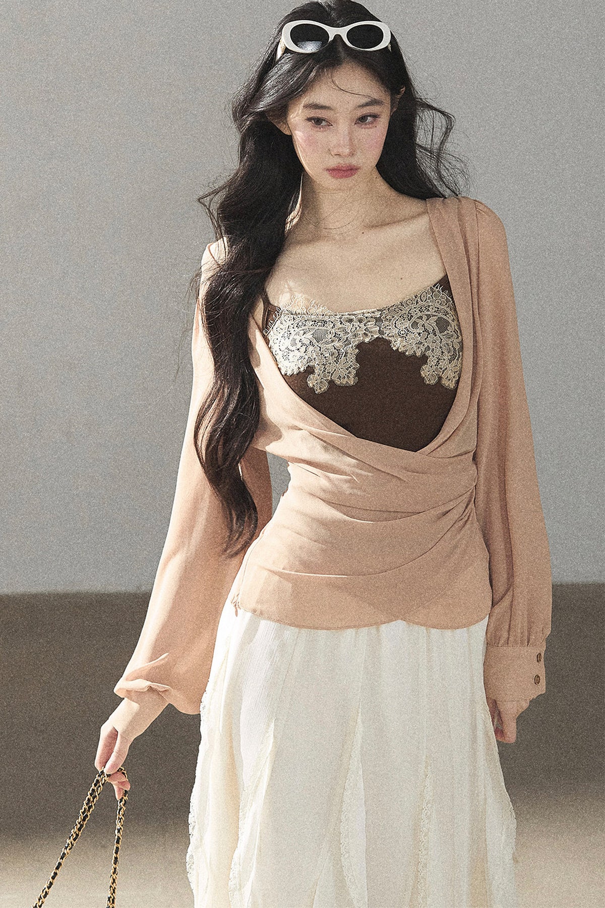 Semi-Sheer Ruffled Chiffon Blouse and Cami Set
