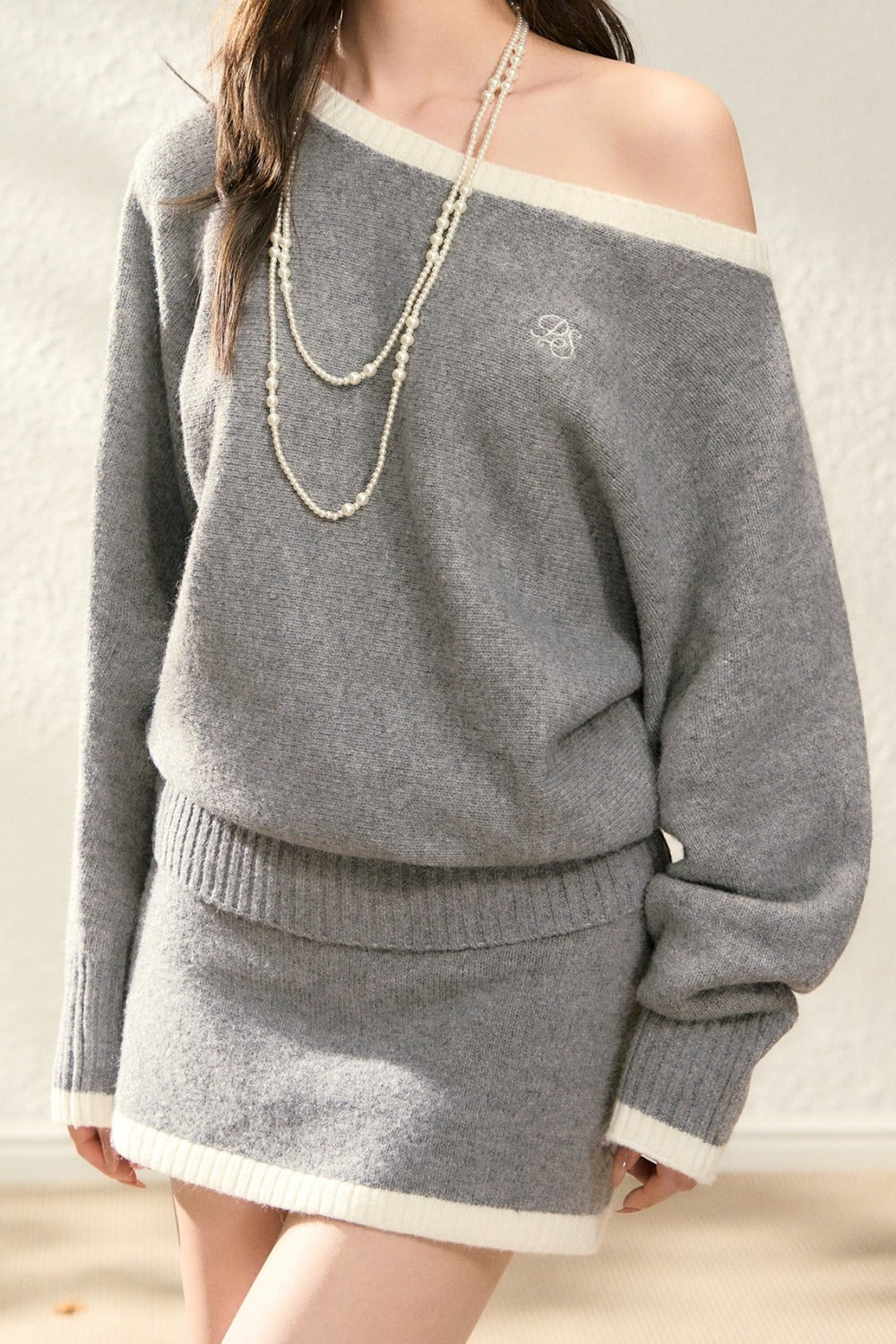 Off-Shoulder Knit Sweater and Skirt Set-Up