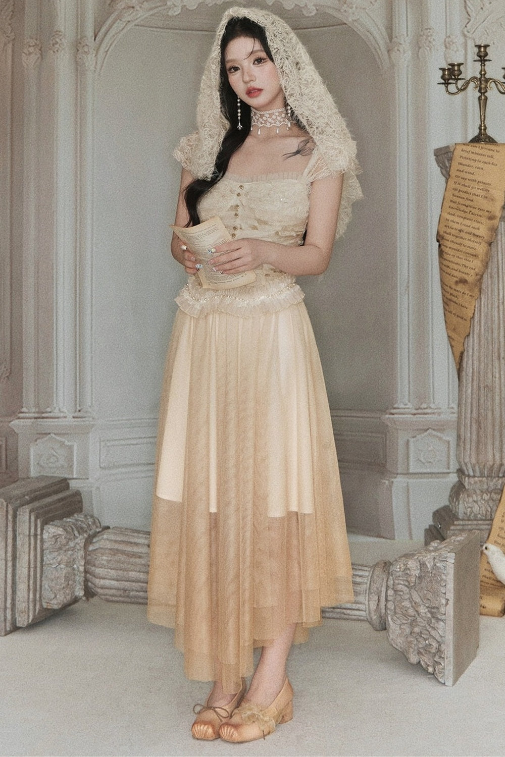 Spliced Pleated Mesh Lace Tube Top