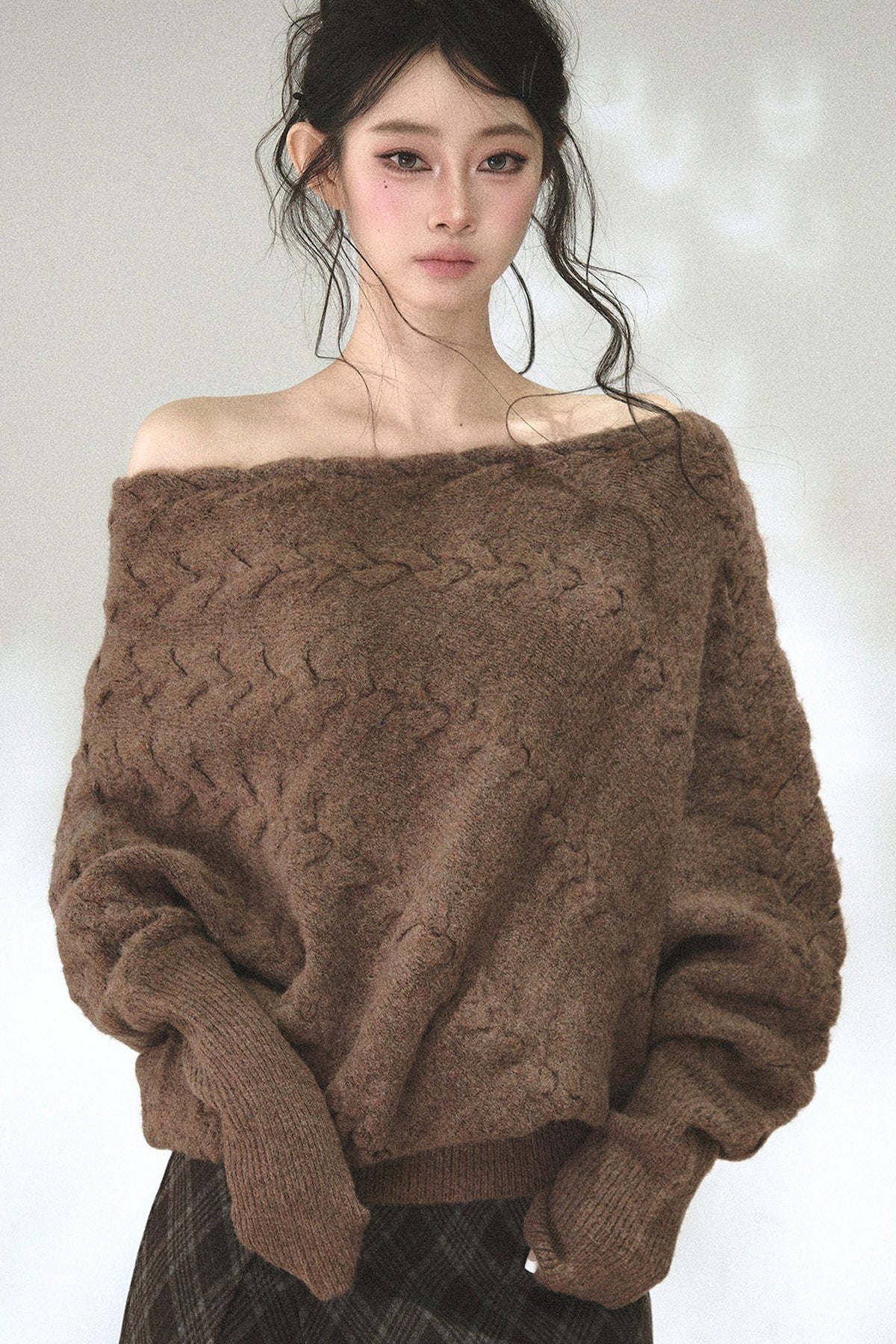 Diagonal Cable Knit Off-Shoulder Sweater
