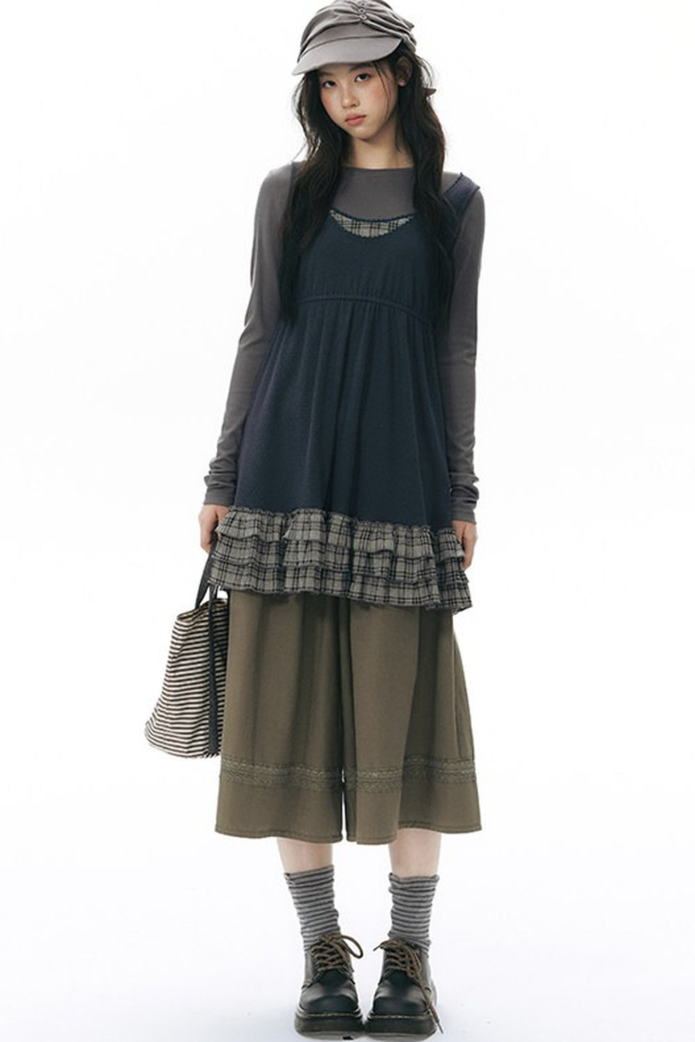Plaid Ruffle Sleeveless Knit Vest Dress