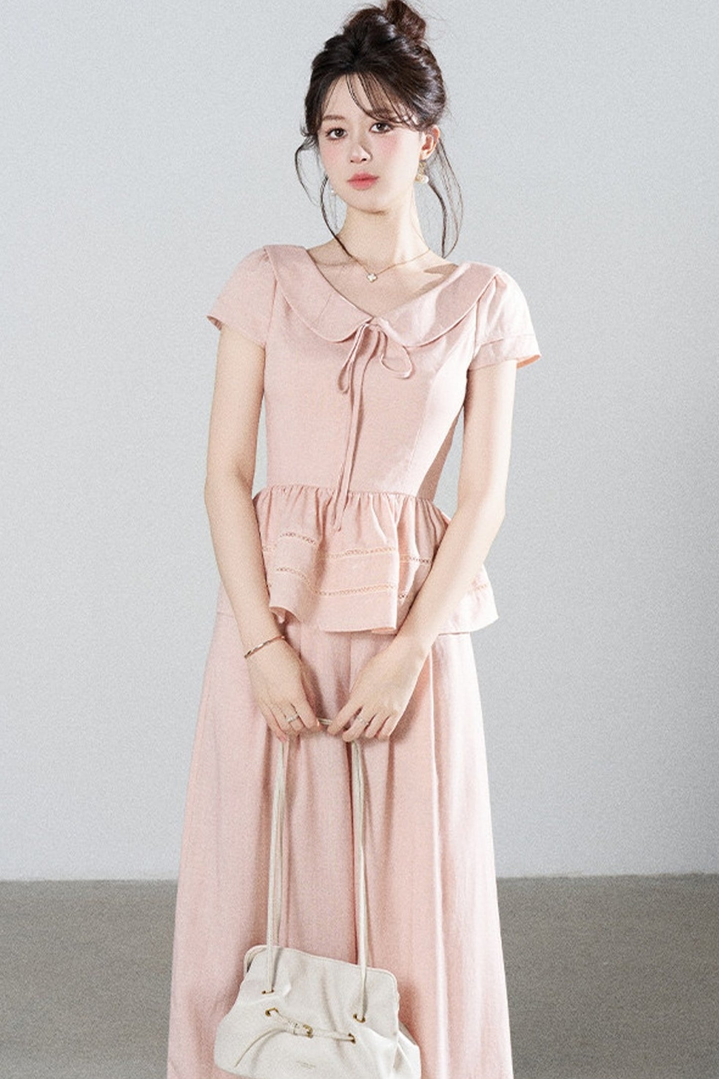 Ensemble chemise rose en Tencel à col Claudine et pantalon large