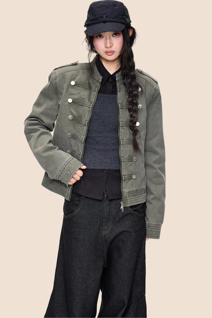 Short Double-Breasted Vintage Denim Jacket