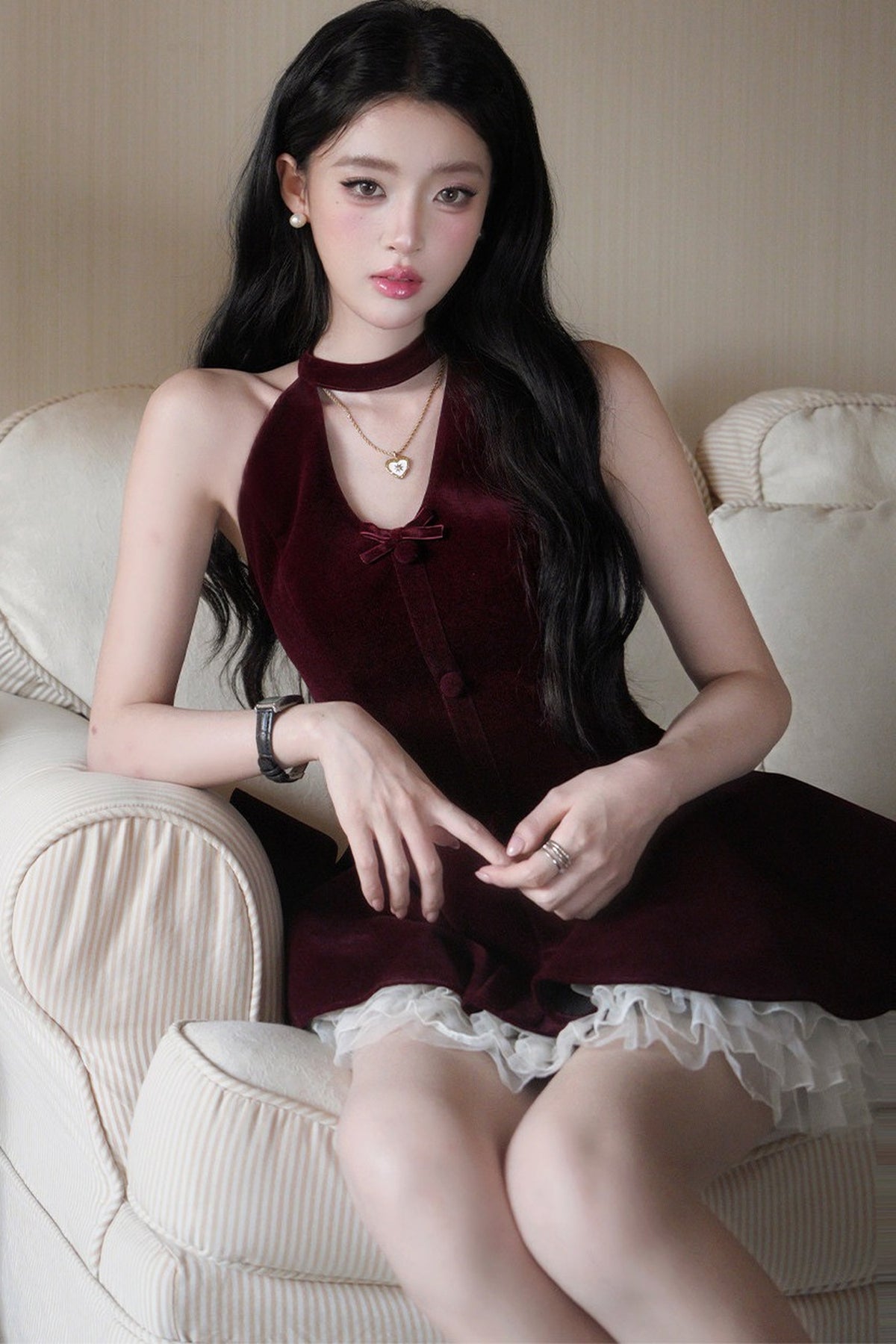 Deep Red Halter Neck Puffy Dress