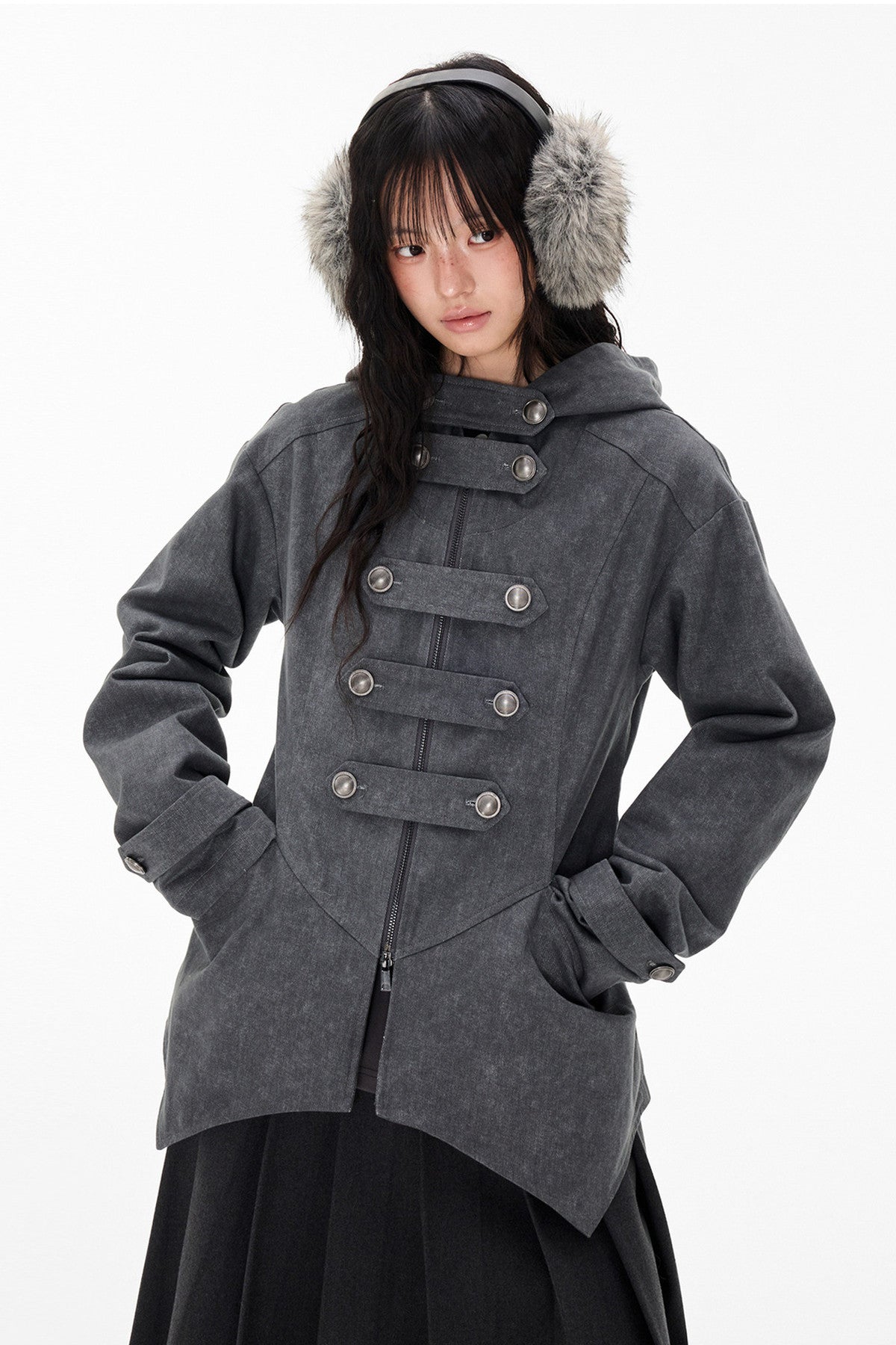 Mid-Length Denim Hooded Jacket