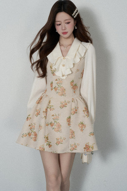Floral Lantern Sleeve Ruffle Collar Dress