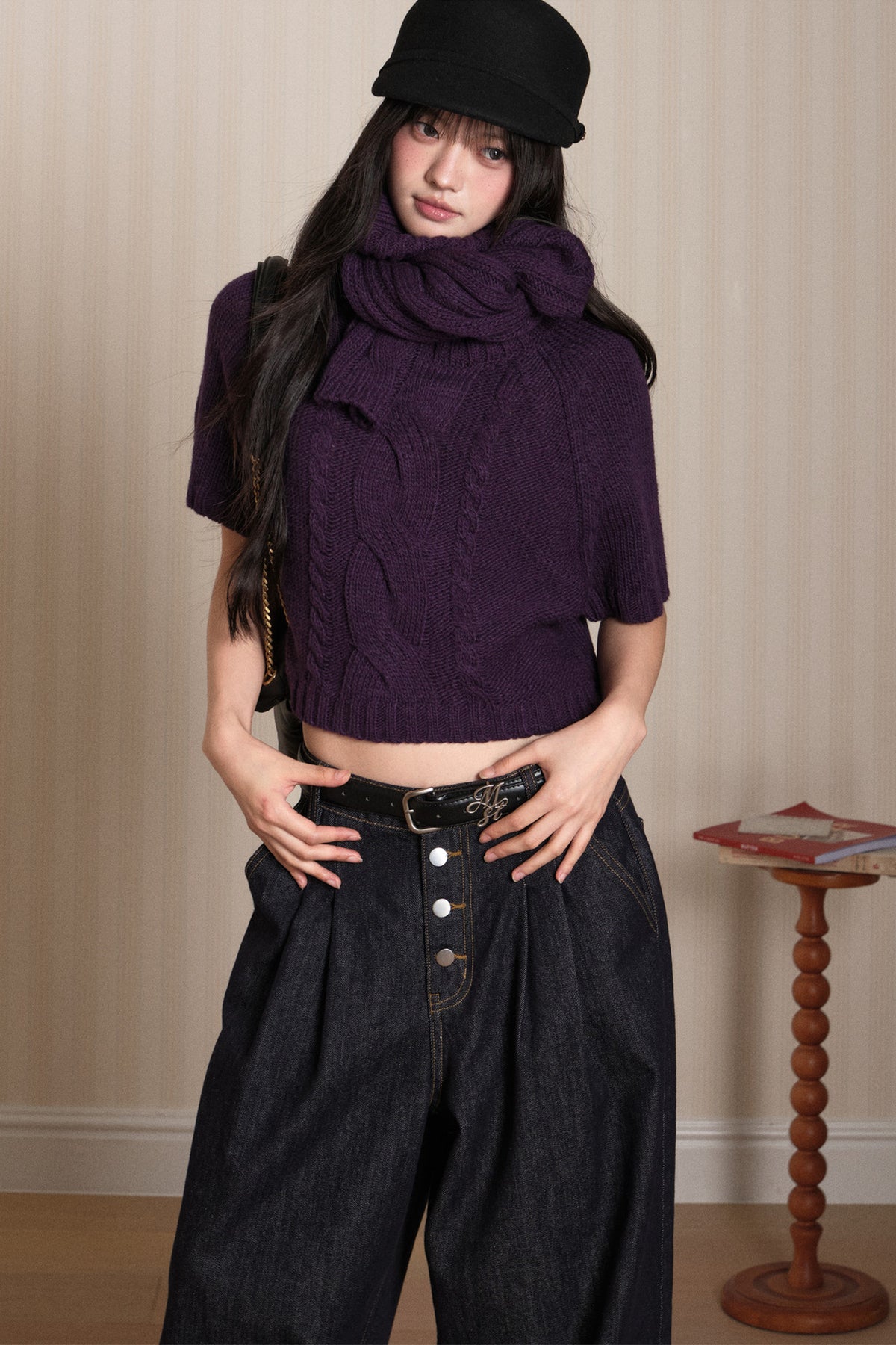 Short Sleeve Scarf Layered Knit Sweater