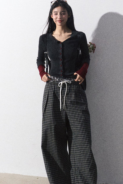 Drawstring Plaid Wide-Leg Pants