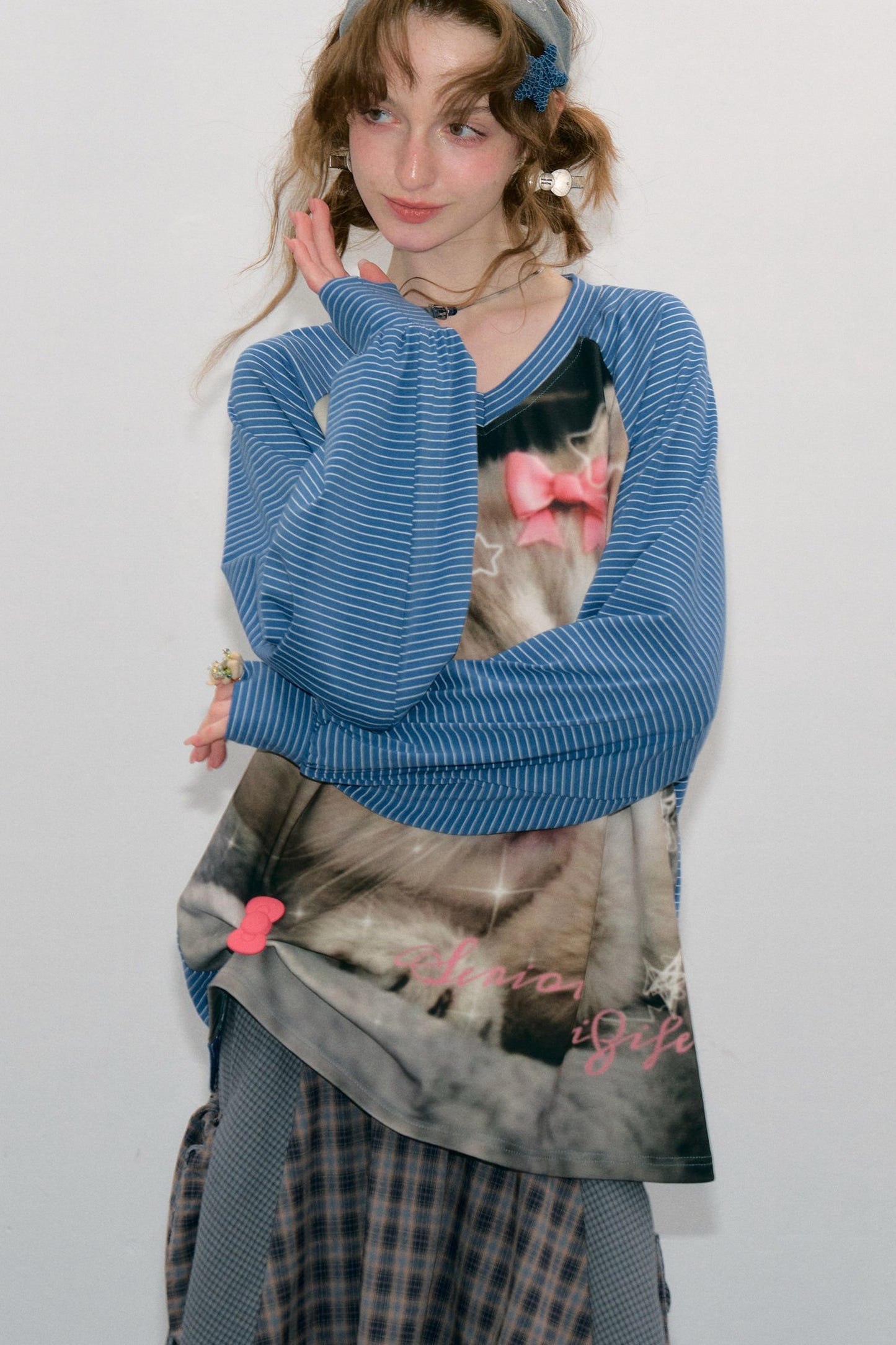 Cat Print Raglan Long Sleeve T-Shirt