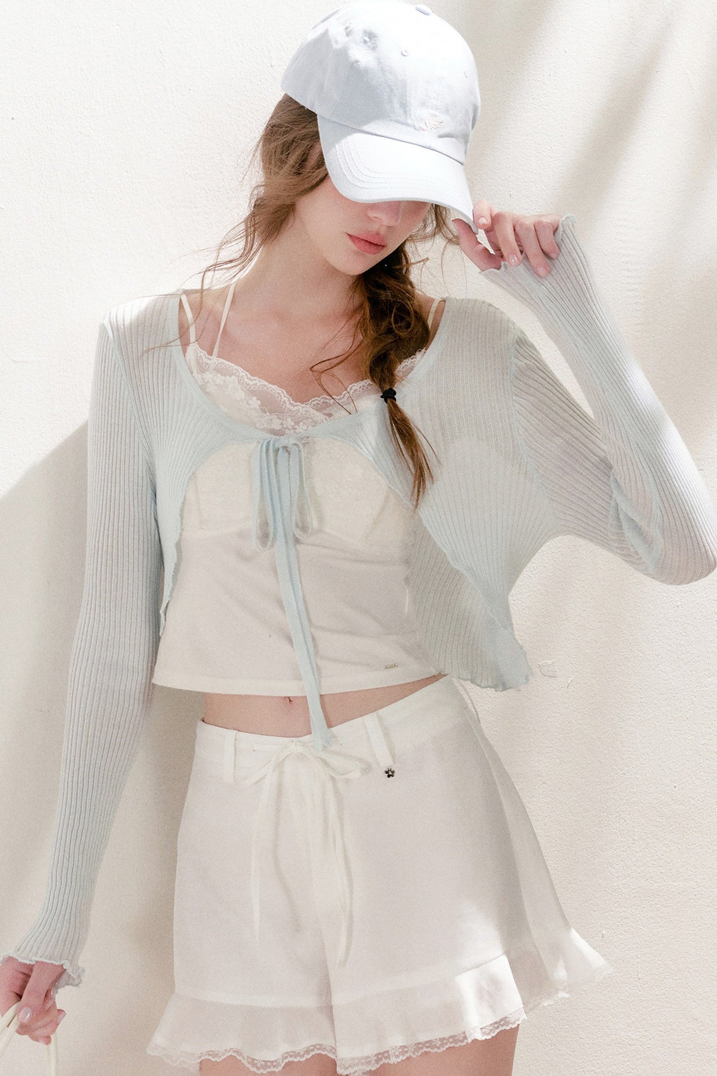Tencel Linen Lace Spliced Ruffle Drawstring High-Waisted A-Line Shorts